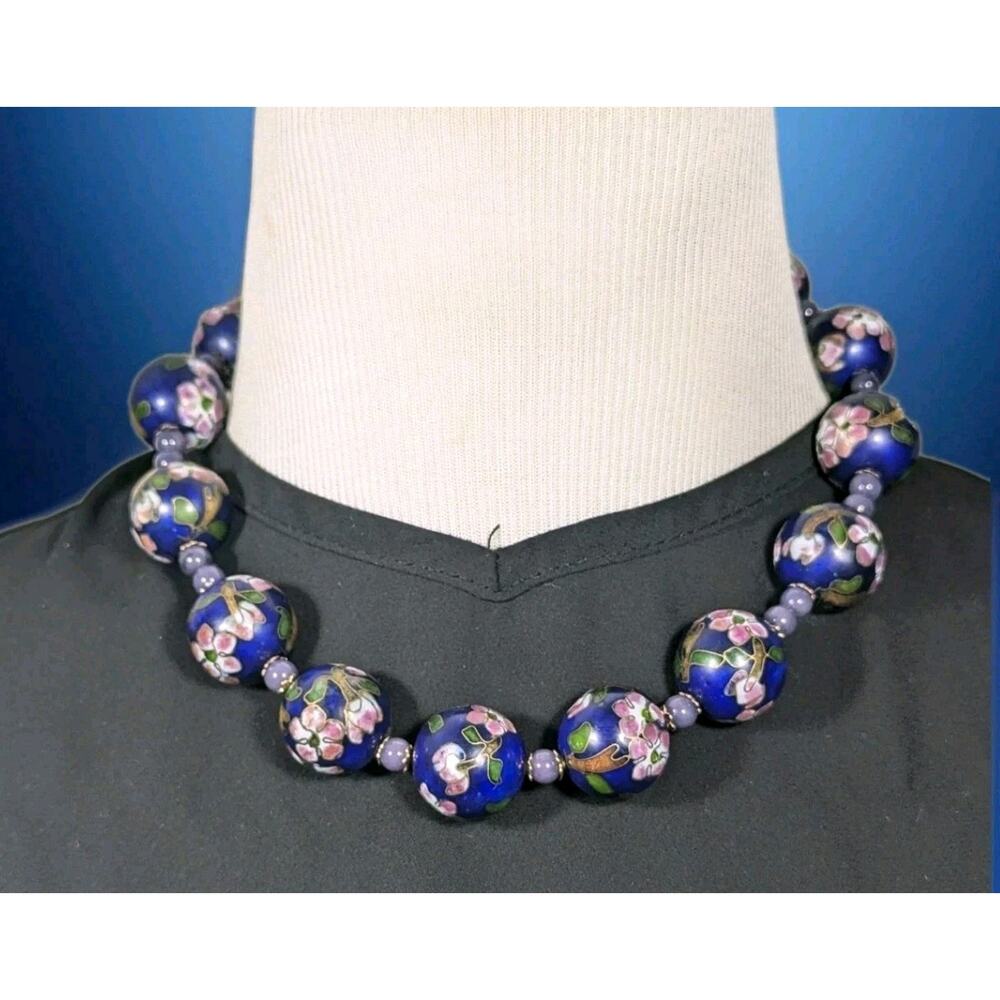 Vintage Estate Large Cloisonné Cobalt Blue Floral Enamel 16mm Statement Necklace